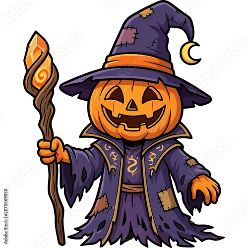 A smiling jack-o-lantern dressed as a wizard holds a glowing magic wand on a white background.