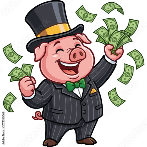 A cheerful pig in a suit holds money and celebrates outdoors.