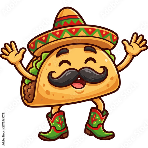 A cartoon taco character wearing a sombrero and boots dances happily outdoors with a festive mustache.