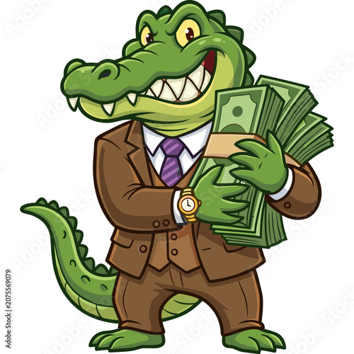A cartoon alligator in a business suit happily holds a large stack of money.