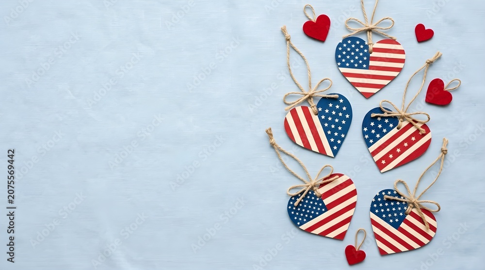 Obraz premium Patriotic heart ornaments on light blue background for independence day decor
