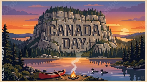 Flat Vector Vintage Travel Poster Illustration of Granite Cliff Carved with 