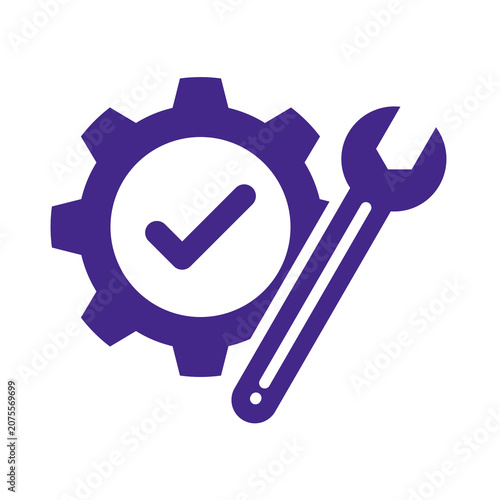 Purple gear icon with check mark and wrench for engineering maintenance service concepts transparent background