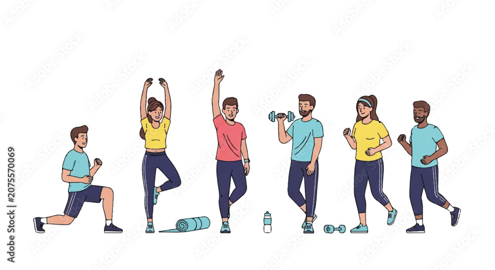 Fototapeta premium Group of people performing varied exercise poses in a fitness routine illustration.
