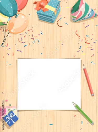 playful birthday card template with gift ,balloon, pencil