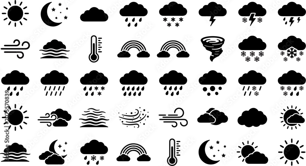 Naklejka premium A collection of weather icons displays various meteorological phenomena, including sun, moon, clouds, rain, snow, wind, lightning, and rainbows, presented in a clean, black and white graphic style.