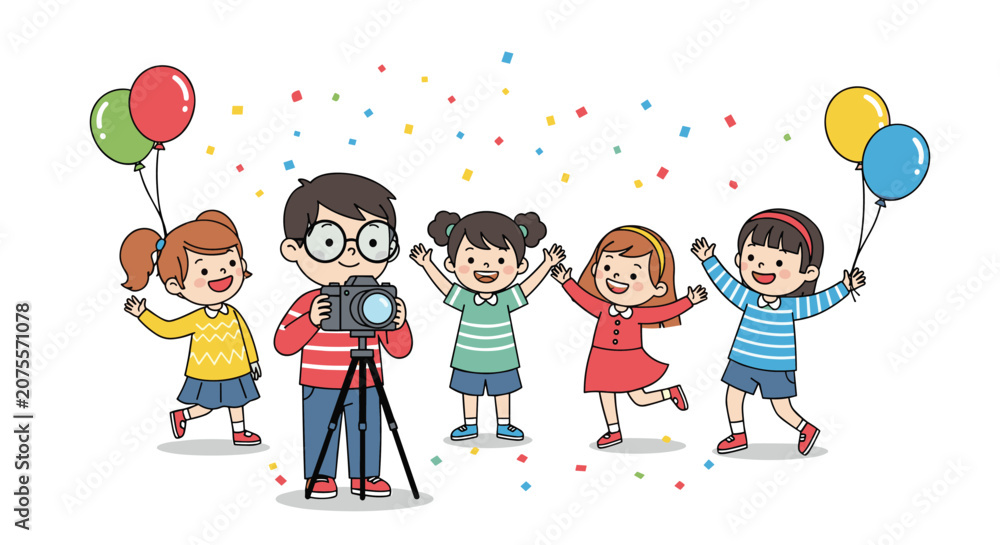 Fototapeta premium Group of happy children and a photographer celebrating a special event with colorful balloons and falling confetti.