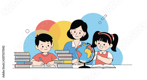 Dedicated female teacher helping two young students with their lessons near a world globe and stacks of school books.