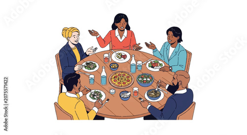 Diverse group of friends enjoying a communal meal around a round dining table.