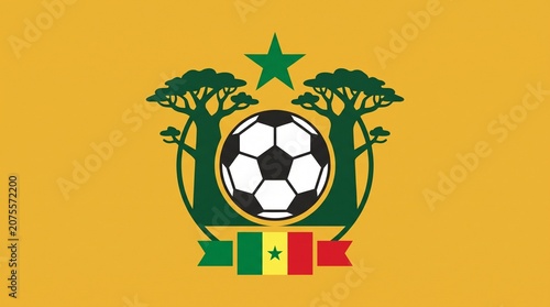Senegal Football Concept Vector with Red Baobab Tree and Green Star, West African Soccer Tournament Banner Graphic, African Cup Emblem Template