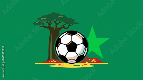 Senegal Football Concept Vector with Red Baobab Tree and Green Star, West African Soccer Tournament Banner Graphic, African Cup Emblem Template