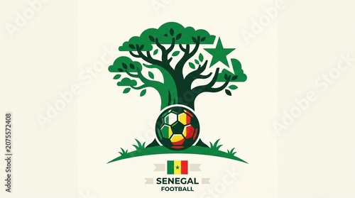 Senegal Football Concept Vector with Red Baobab Tree and Green Star, West African Soccer Tournament Banner Graphic, African Cup Emblem Template
