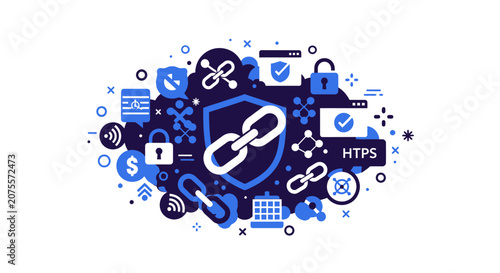 Cybersecurity and Blockchain Illustration - Secure Data Network, Digital Protection, and Encrypted Link Technology Flat Vector Concept