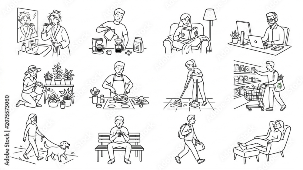 Obraz premium Everyday Routine People Line Art Vector Set – Daily Activities and Lifestyle Minimalist Character Collection