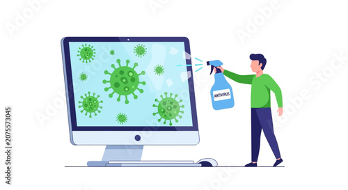 Cybersecurity and Data Protection Concept: Man Spraying Antivirus Solution on Computer Monitor to Remove Digital Viruses and Malware