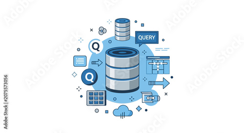Database Management System and Big Data Storage Illustration with SQL Query Icons and Analytics Concept in Blue Flat Style