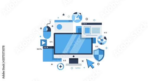 Flat Vector Illustration of Modern Web Design, Software Development, and Digital IT Solutions with UI UX Elements and Cybersecurity Shield on White Background