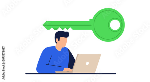 Businessman Using Laptop with Large Green Key Symbolizing SEO Strategy, Keyword Research, and Digital Security Concept Vector Illustration
