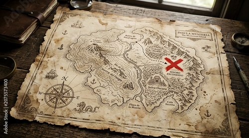 Old explorer's parchment map featuring a mysterious island with a red x