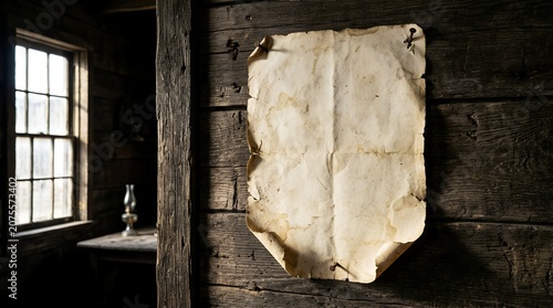 Blank aged parchment paper nailed to a dark rustic timber wall