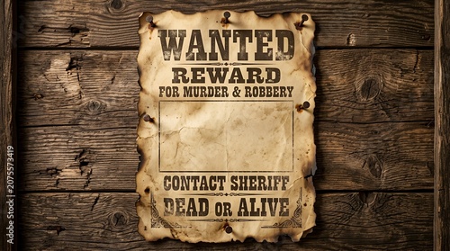 Vintage wanted poster with blank frame pinned to dark wooden planks