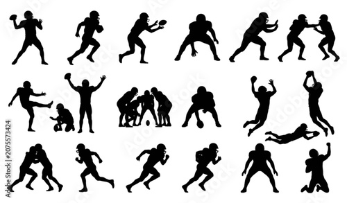 Obraz na płótnie American Football Player Silhouette Vector Set with Running Tackling Throwing an