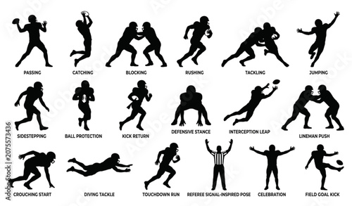 American Football Athlete Silhouette Collection with Offensive and Defensive Sports Action Vector