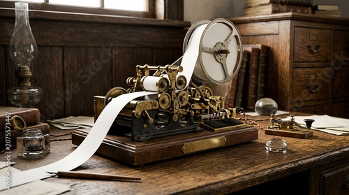 Vintage mechanical ticker tape recorder on an old wooden desk