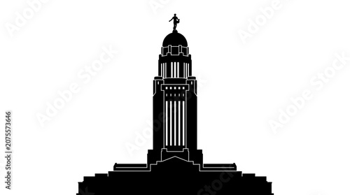 Black silhouette of government building tower.