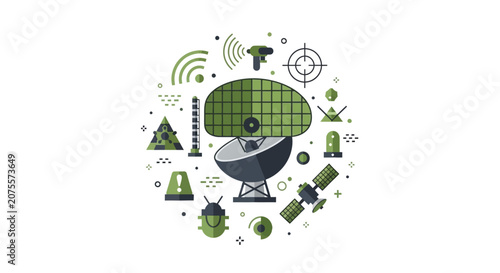 Surveillance and Communication Technology Vector Illustration with Radar Dish, Satellite, and Antenna Icons in a Circular Flat Design