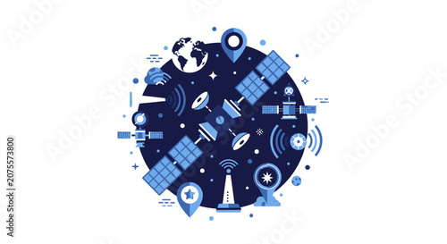 Global Satellite Communication and Telecommunications Network Vector Illustration on Isolated Background