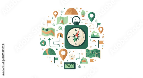 Flat Illustration of Travel and Adventure Navigation Icons Featuring Compass, Maps, Location Pins, and Nature Elements