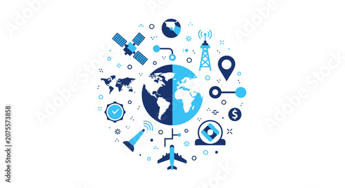 Global Connectivity and Telecommunications Network Illustration with Worldwide Logistics, Communication, and Technology Icons