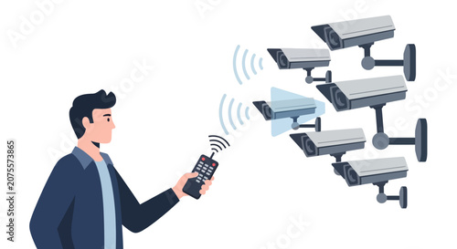 Man Operating CCTV Security Cameras with Remote Control - Surveillance Monitoring System and Privacy Concept Vector Illustration