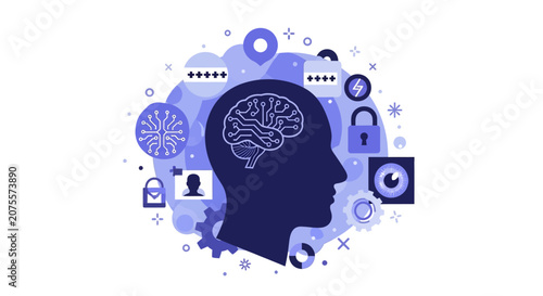 AI and Cybersecurity Concept: Human Brain Neural Network with Biometric, Data Security, and Privacy Icons