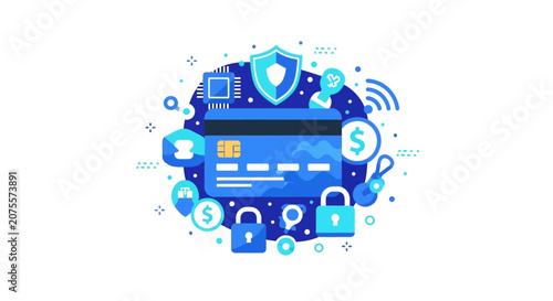Secure Credit Card Payment Illustration with Shield and Padlocks - Data Privacy and Financial Protection Concept for Fintech and Online Banking