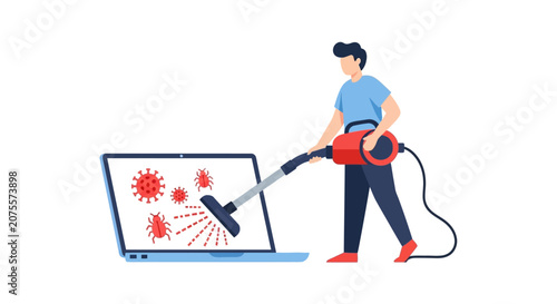 Cybersecurity Illustration: Technician Cleaning Laptop Screen from Viruses and Malware Bugs with Vacuum Cleaner