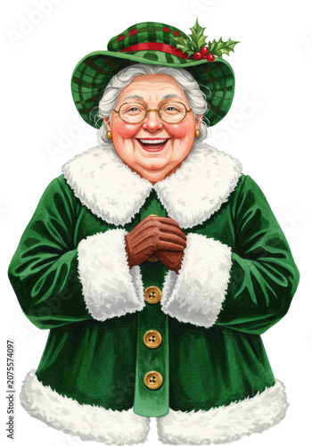cheerful elderly woman, mrs. claus, in an ornate emerald green velvet suit and plaid bonnet, high-key watercolor portrait on a white background. concept for classic christmas illustration