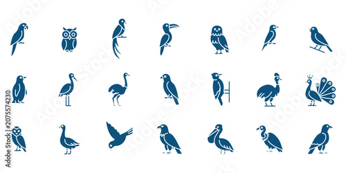 Bild auf Leinwand Wild Bird Icon Set – Owl, Parrot, Peacock and Water Birds, EPS 10