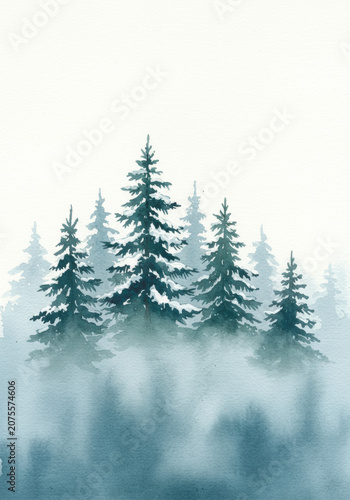 Five distinct, snow-dusted watercolor pine trees in muted green and deep teal, emerging from dense blue-gray mist against a stark white background, serene winter concept