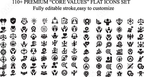 Core Values Icons Set Professional Business Ethics, Integrity & Company Culture Flat Icons Collection.Perfect for HR materials,corporate communications,training programs,and organizational development