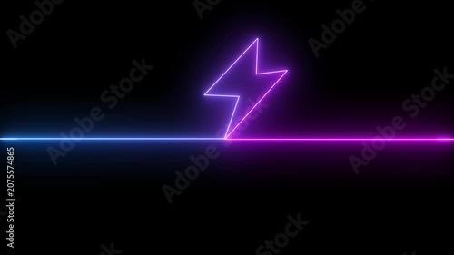 Abstract  neon glowing battery charging icon animation on black background.Glowing neon lightning bolt icon, Futuristic Neon Icon Animation in 4K...