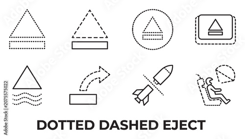 Dotted dashed eject icons for triangle disk rocket ejector seat spaceship.