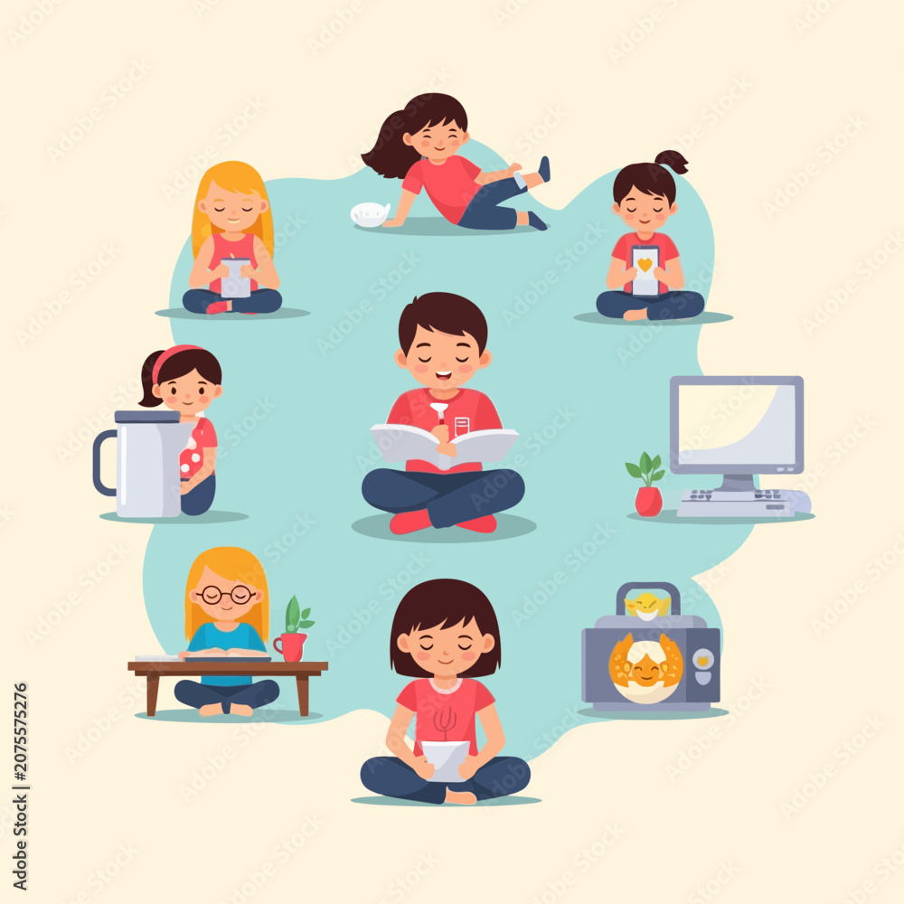 Fototapeta premium Children reading and learning in a peaceful setting
