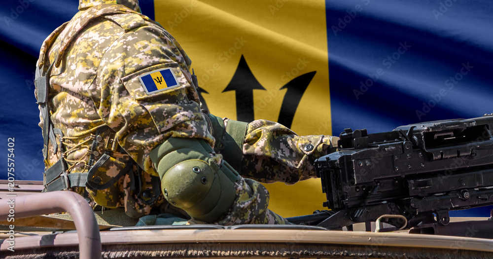 Fototapeta premium Barbados flag with soldier at machinegun turret