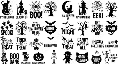 Foto Halloween themed black graphic illustrations and typography on white background