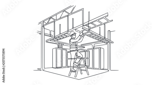 Tableau sur toile Construction worker installing ceiling light fixture on stepladder inside buildi