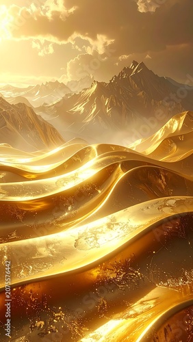 Golden desert landscape with shining dunes.