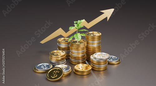 Tableau sur toile Investment growth concept with gold, stacked coins and a young plant beneath a rising arrow, symbolizing wealth and sustainable returns