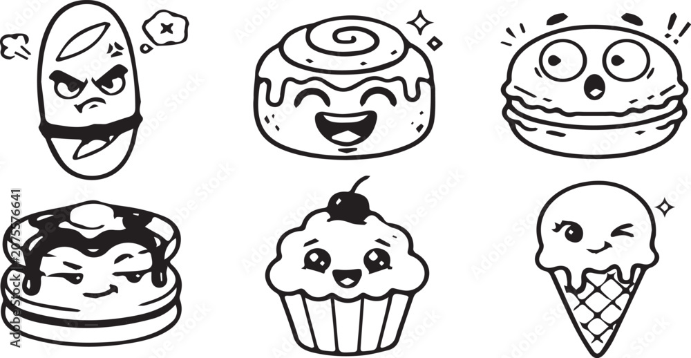 Fototapeta premium Black and white line art set of cute food characters featuring angry baguette, happy cinnamon roll, surprised macaron, grumpy pancakes, and cupcake.